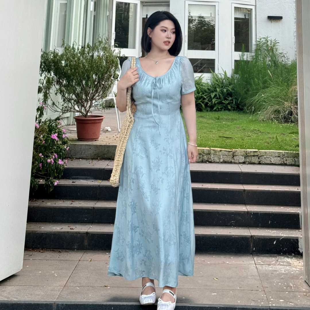 现货【初夏花事】设计感提花高腰气质时尚连衣裙-S1078