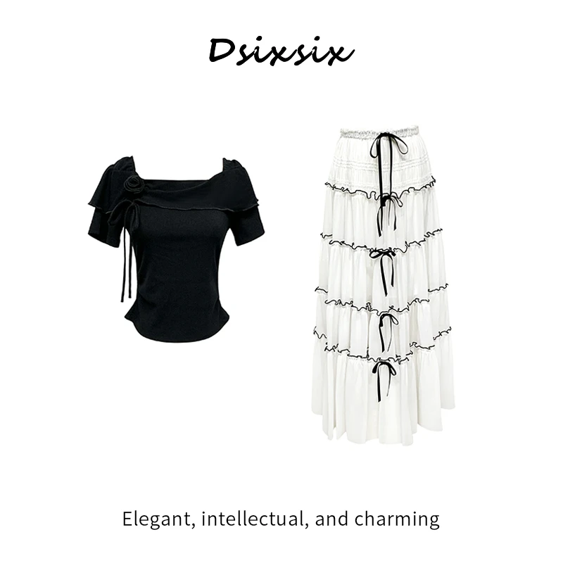 Yeah Me-【月色鸣奏】夏日时尚百搭小众气质系带方领显瘦半身裙套装