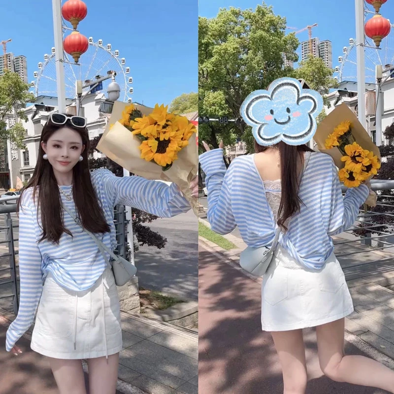 拼接蕾丝常规露背防晒长袖T恤高腰时尚网红春夏韩版上衣休闲