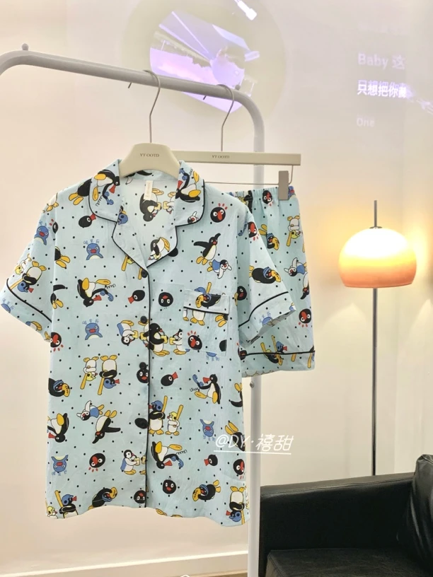 【pingu】日系卡通可爱薄荷曼波短袖企鹅睡衣女夏季卡通家居服套装