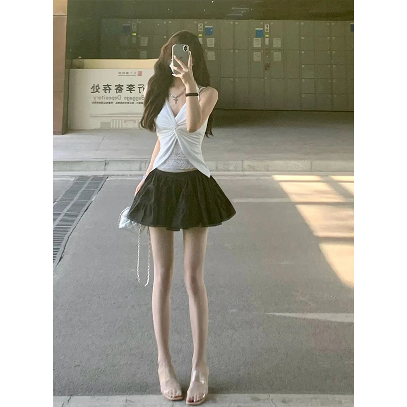 韩系夏季纯欲设计感小众洋气拼接蕾丝挂脖上衣高腰a字短裙蓬蓬裙