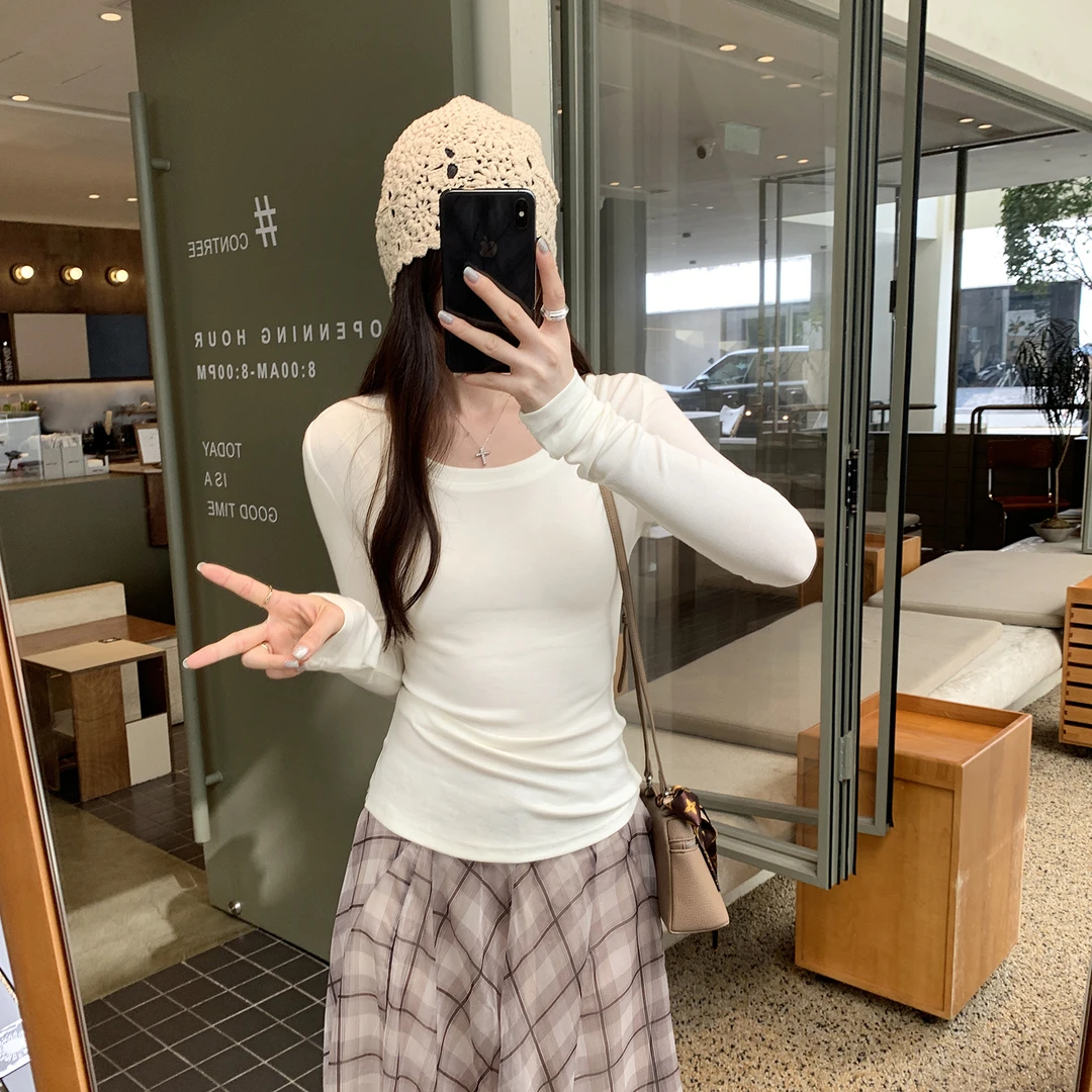 运费补贴 慕斯棉绒圆领长袖T恤女2025新款修身显瘦内搭打底衫