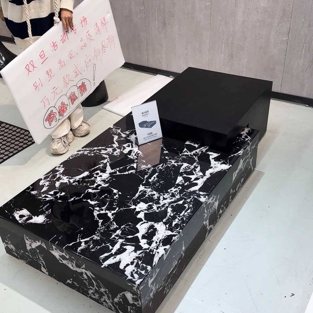 大理石落地高低组合烟熏木7字茶几 颜色联系客服 运费自理