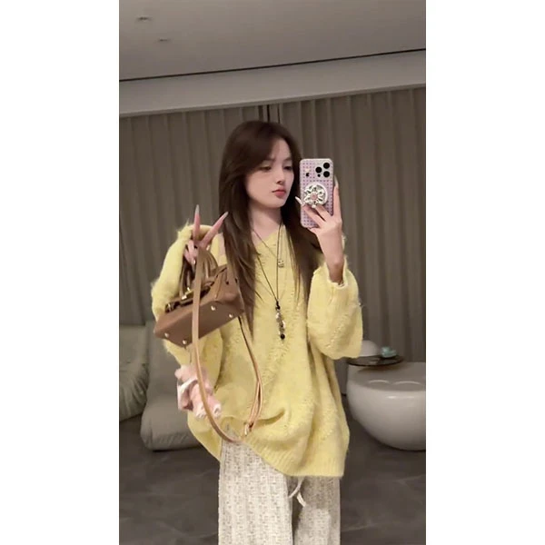 韩系ins慵懒风黄色软糯毛衣早秋新款宽松休闲遛弯裤松弛感两件套