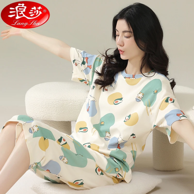 浪莎睡衣夏季女士短袖七分裤薄款少女卡通可爱家居服圆领套头宽松