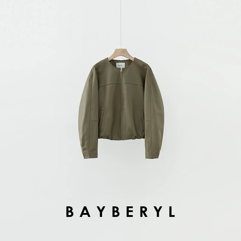 BAYBERYL老贝野蕨绿*圆领分割拉链褶皱百搭25春皮衣PY4L2703-2/9