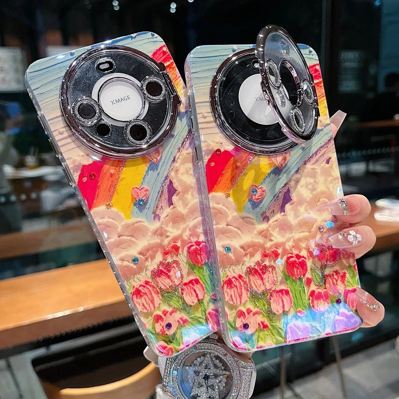 适用华为mate70系列新款手机壳国风彩虹郁金香全包镜头膜翻盖支架