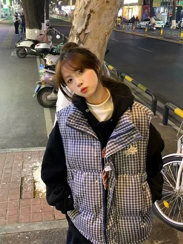 格子马甲秋冬冬季马夹刺绣oioi马甲时尚女韩版立领