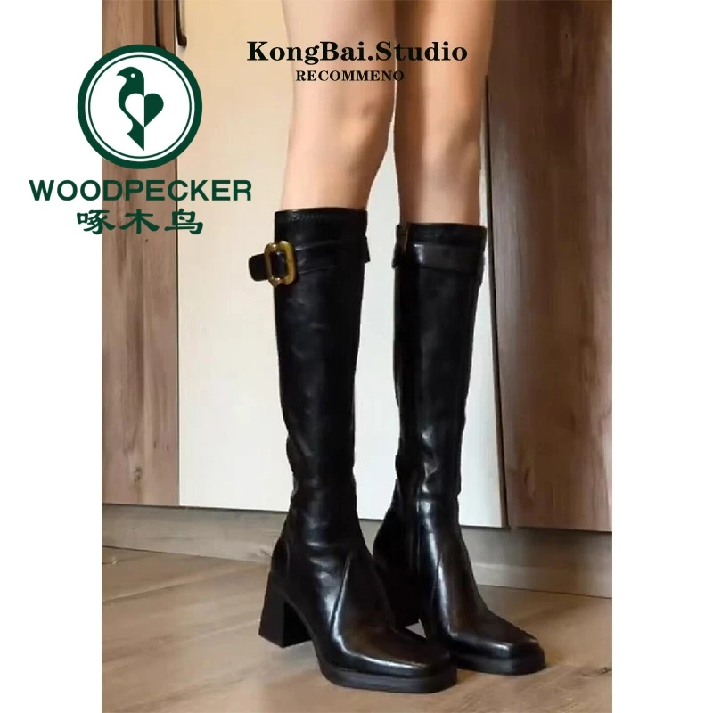 啄木鸟辣妹高跟长筒靴女款2025新款秋冬不过膝长靴皮带扣骑士靴子