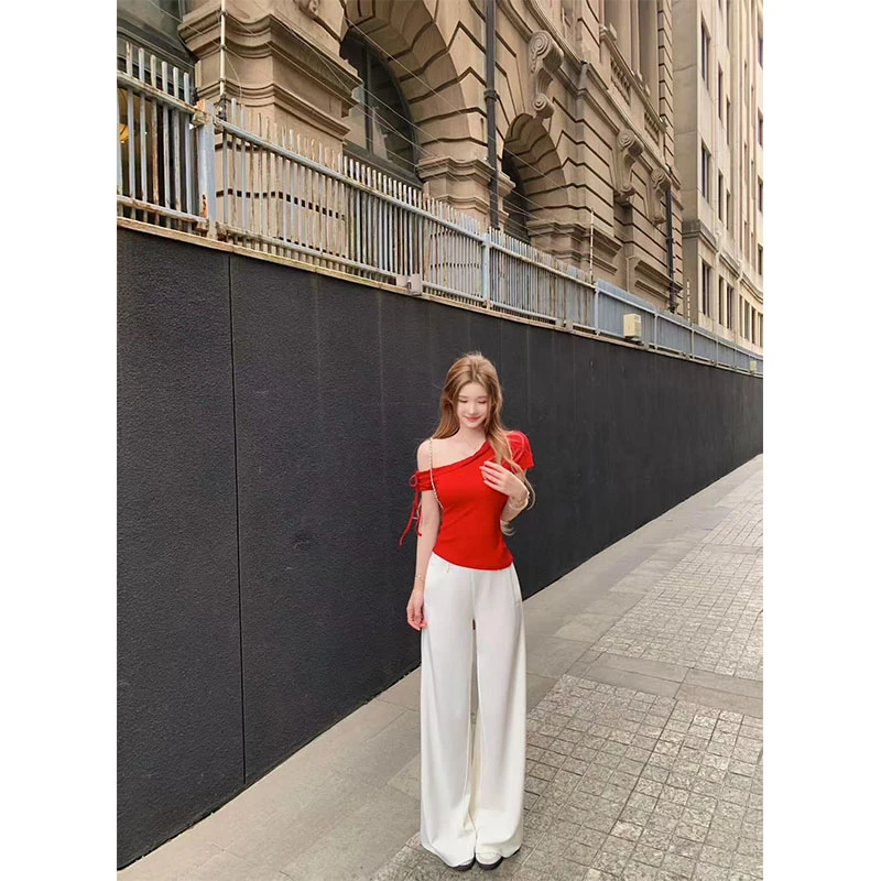 韩系纯欲慵懒风女装红色斜肩系带短袖上衣宽松休闲百搭阔腿裤套装