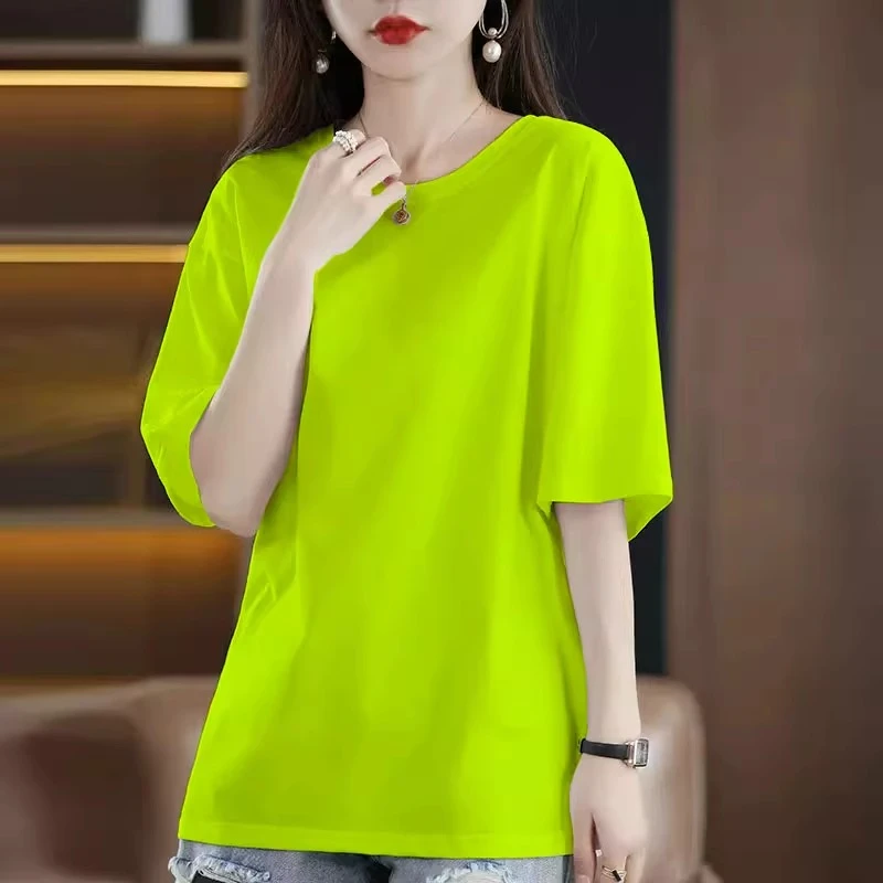 欧货荧光绿纯棉短袖t恤女2025年新款宽松纯色中长款圆领上衣ins潮