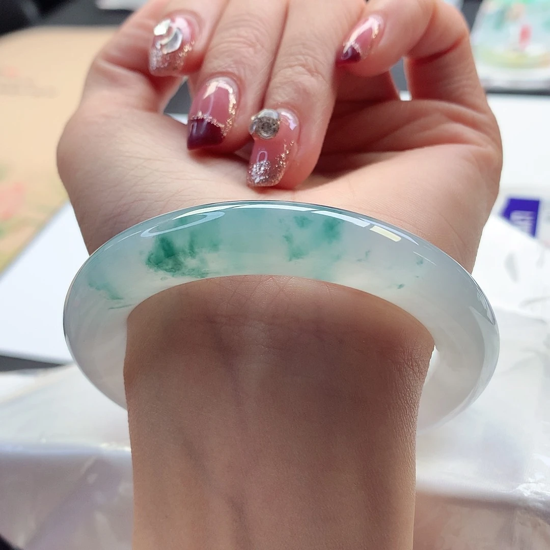 翡翠手镯未镶嵌54-55圈口水墨丹青天花板毕业