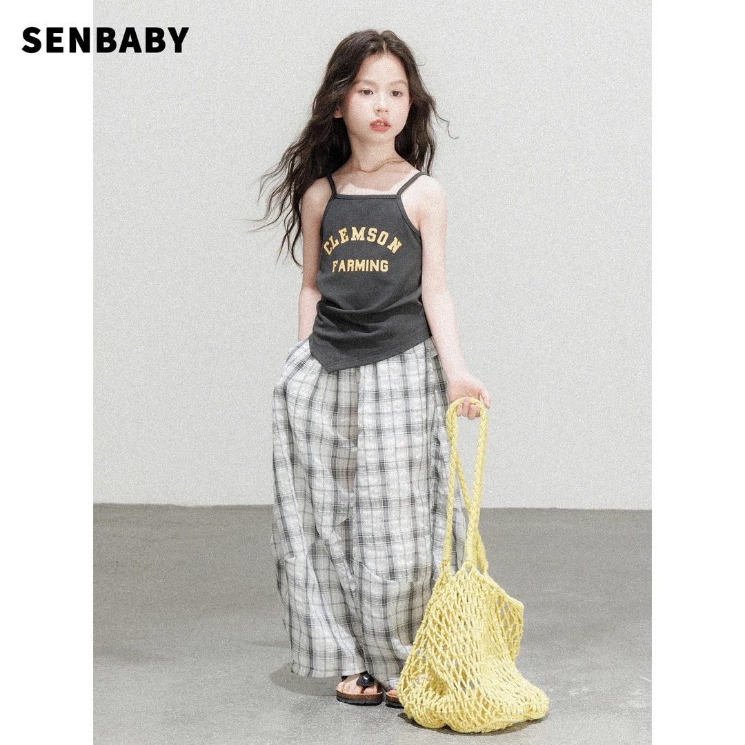 【现货】senbaby女童不规则斜边吊带背心抽褶设计夏季薄款小吊带