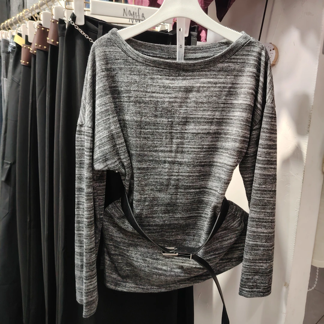 条纹常规型极简风常规款长袖T恤灰色绒衫