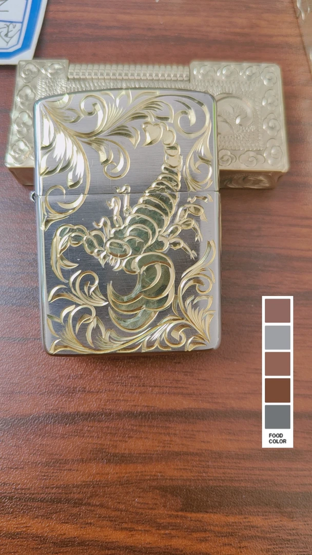 纯手工雕刻镀铬打火机蝎子，金冰双色手雕盔甲机