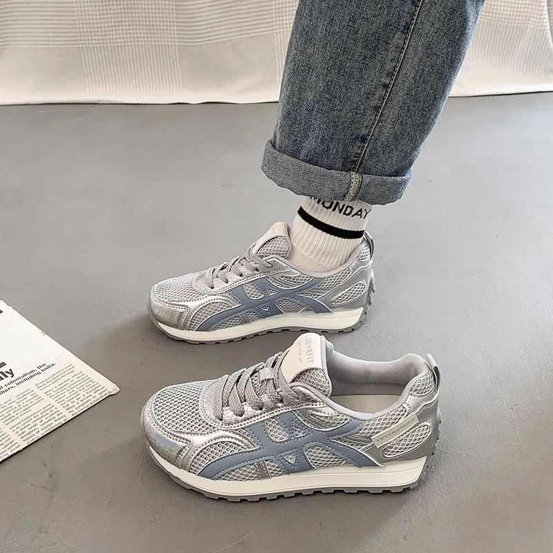 三福厚底增高德训鞋女鞋2025新款夏季网面小白鞋休闲运动鞋阿甘鞋