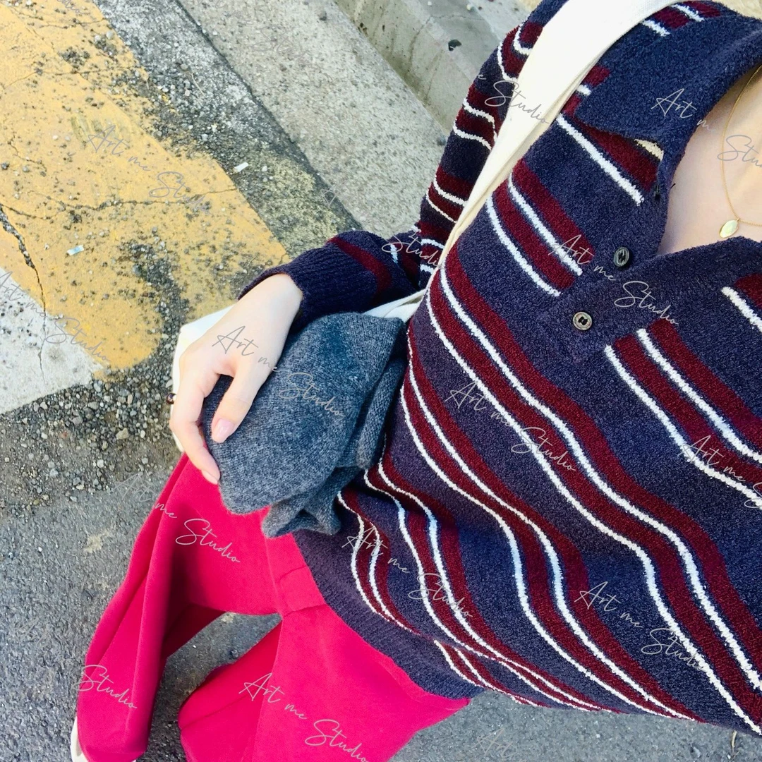 【ART ME】miu系感条纹撞色拼接韩系polo领简约针织上衣w24455