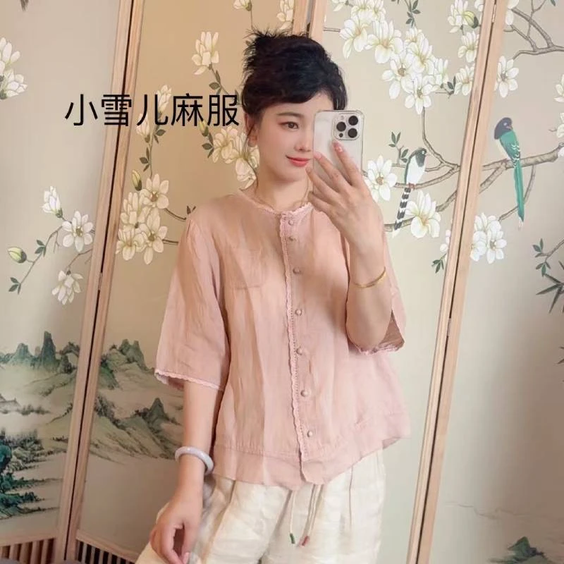 国风中式纯色圆领单排扣苎麻衬衫女2025夏季新款时尚女士衬衣上衣