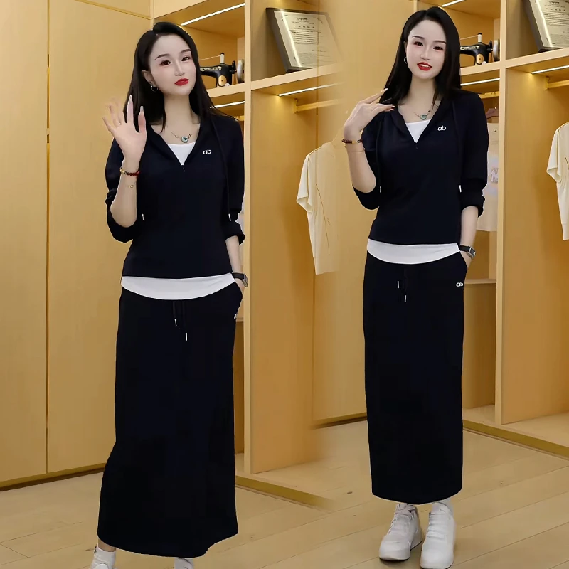 高含棉休闲学院风套装女2025秋冬新款假两件上衣显瘦半身裙两件套