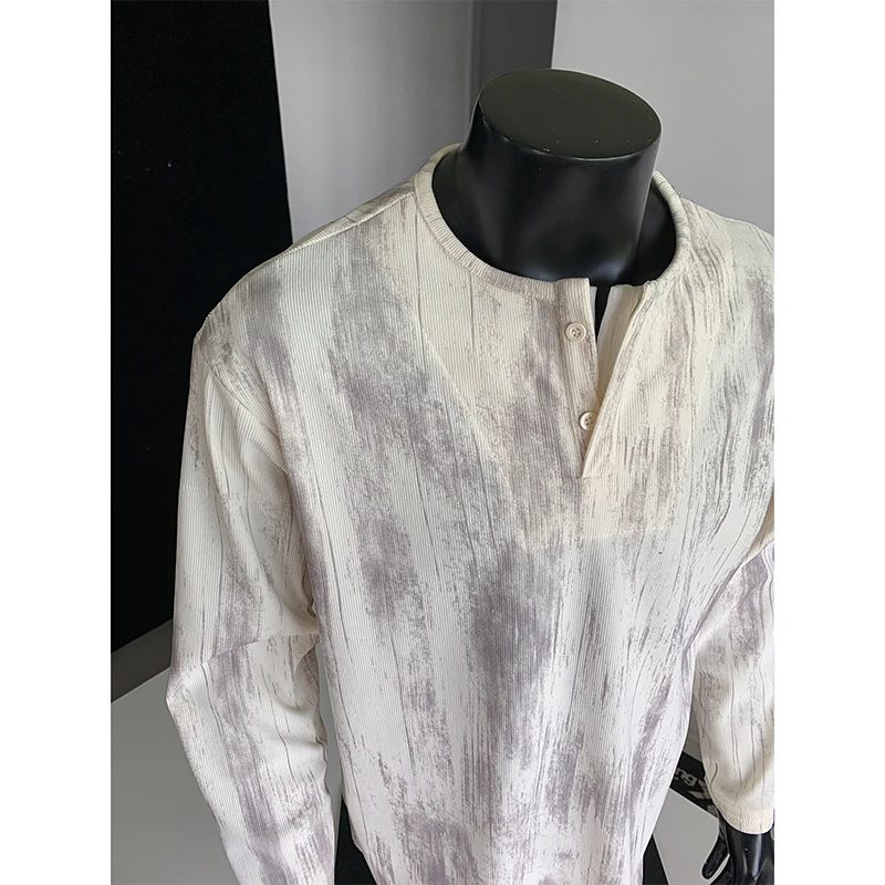 脏脏扎染亨利领长袖t恤男秋季美式潮流复古情侣宽松休闲打底上衣