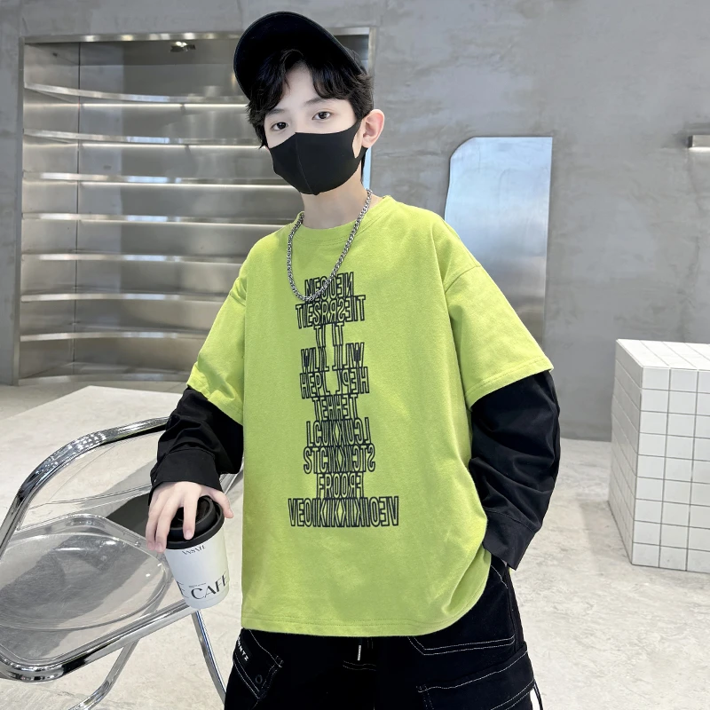 男童长袖T恤春秋款2025新款大童男装儿童纯棉打底衫胖童上衣潮牌t