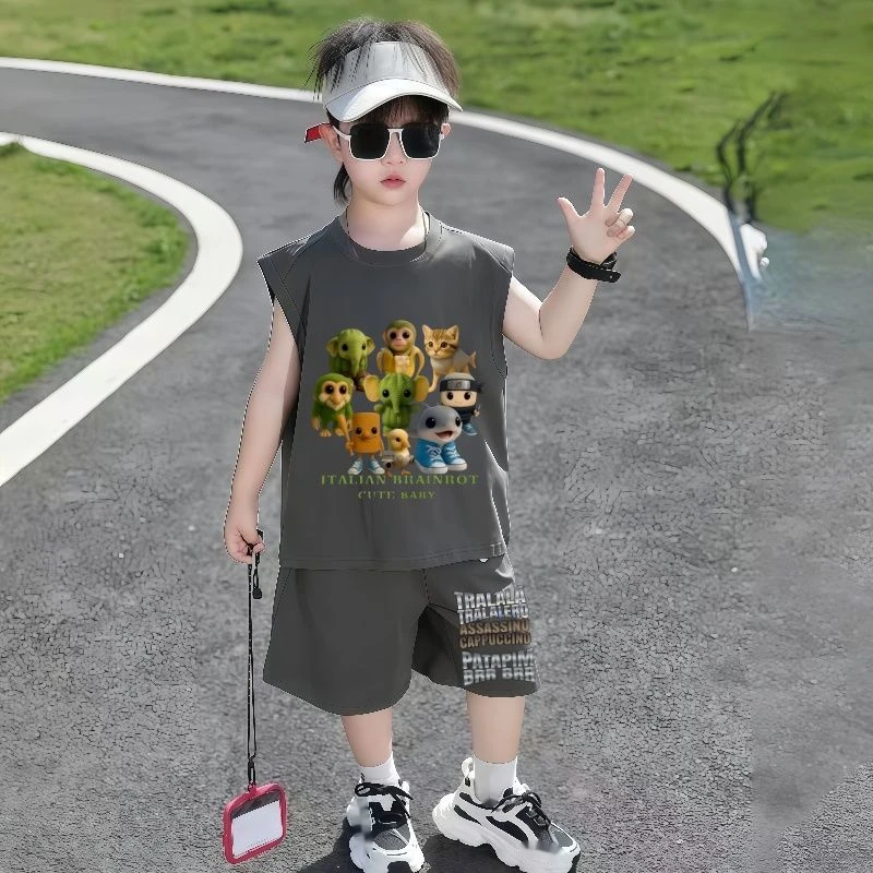 卡通人物背心套装男童休闲童装国外山海经木棍人球鞋鲨鱼女童夏季