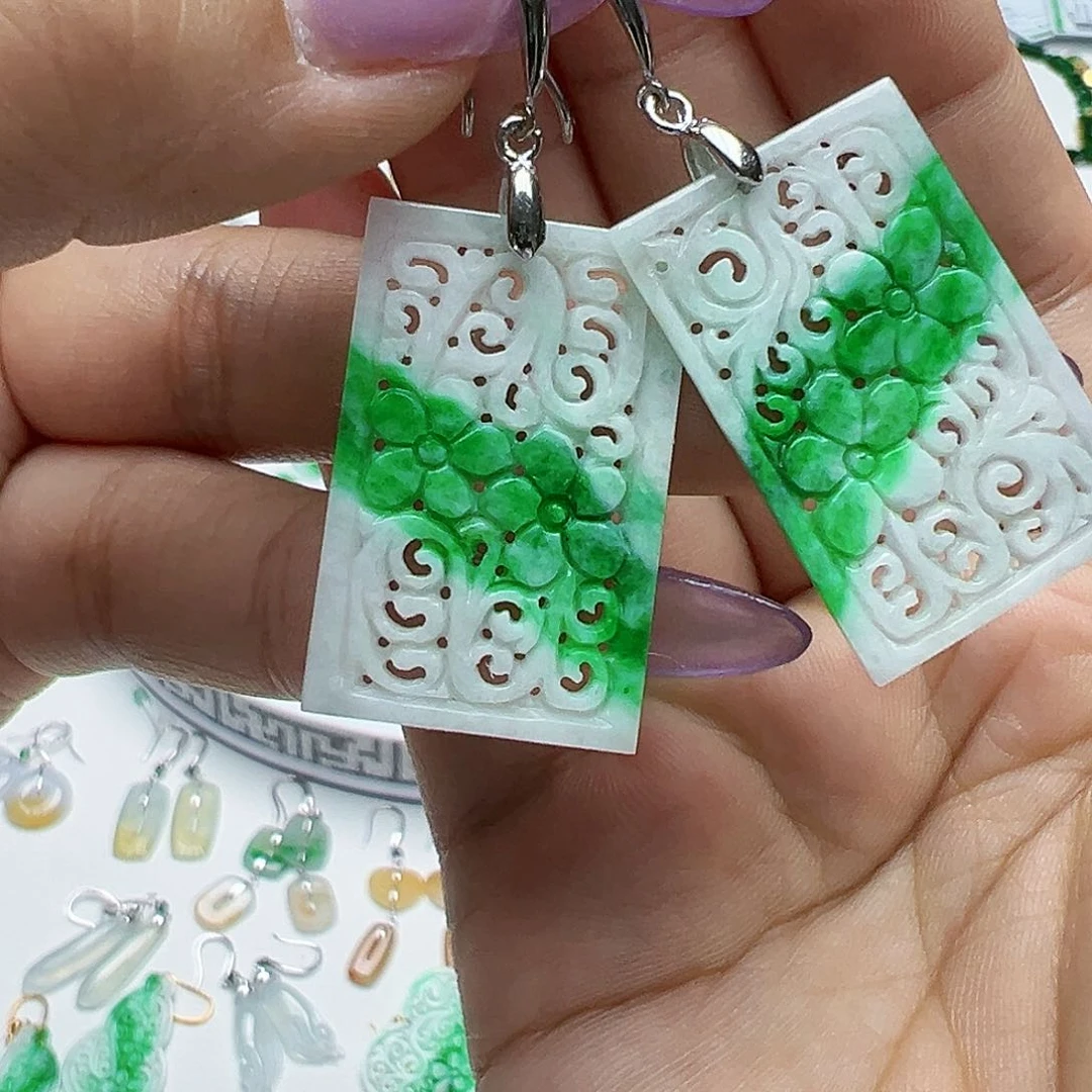 翡翠银S925镶嵌耳饰民***英天然缅甸A货翡翠