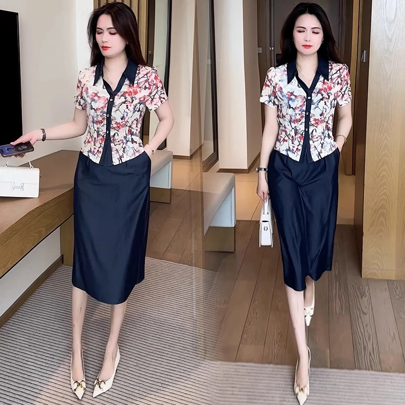 时尚拼接假两件短袖连衣裙女2025夏季新款洋气显瘦减龄收腰裙潮服