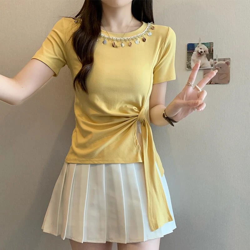 大码不规则正肩短袖女t恤夏胖mm显瘦收腰流苏设计感绑带短款上衣