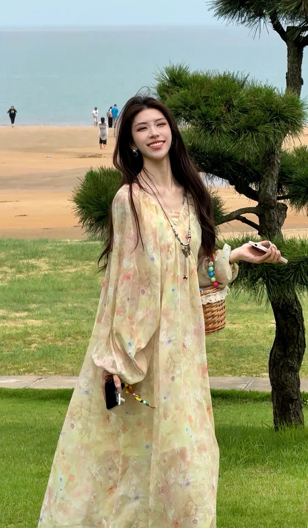 高级感休闲复古宽松长款V领蝙蝠袖连衣裙法式中袖A字长裙