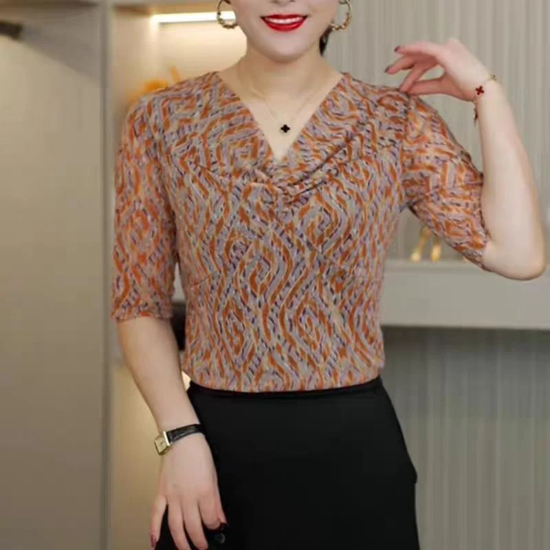 508#夏季V领中袖T恤气质遮肚显瘦弹力网纱上衣(XL~6XL 90~165斤)