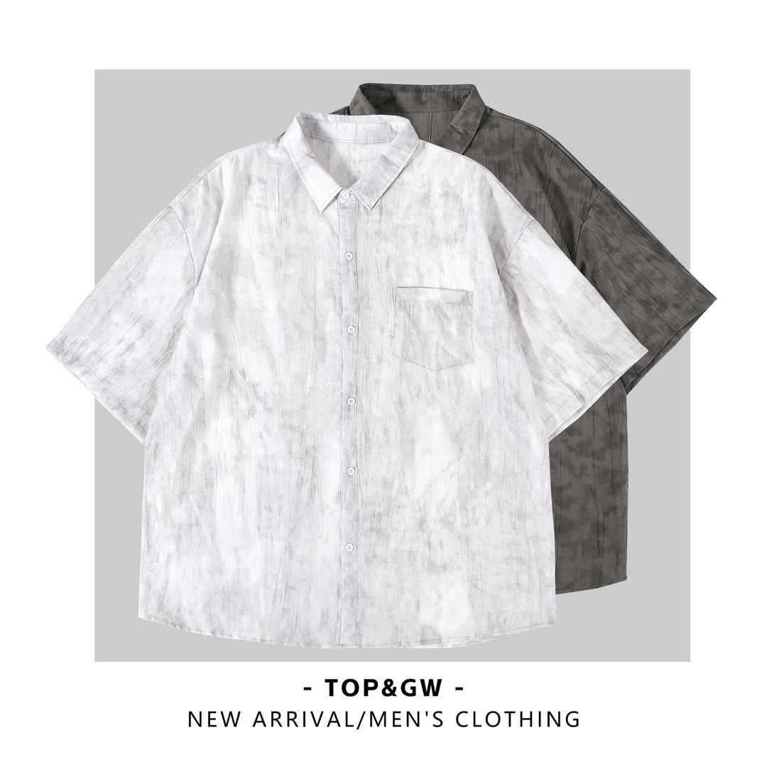 薄款短袖男夏季凸饰简约短袖衬衫衬衣五分袖日系宽松衬衫2503-新