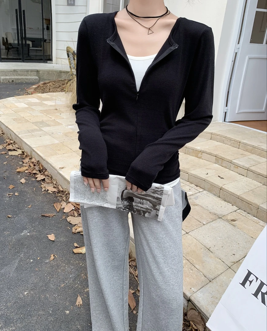 假两件拉链长袖上衣修身显瘦收腰设计感秋季T恤