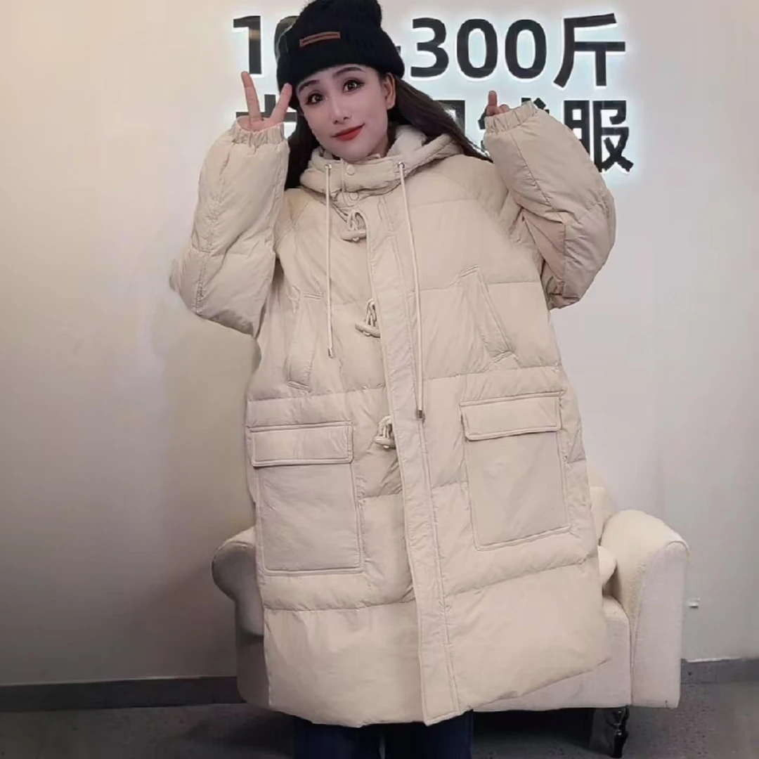 大码羽绒服连帽中长款200斤白鸭绒休闲韩版男女宽松保暖秋冬新款