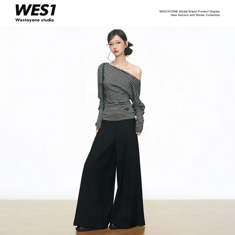 8.12新品WESTAYONE黑白条纹上衣女一字肩斜肩长袖+压褶休闲阔腿裤