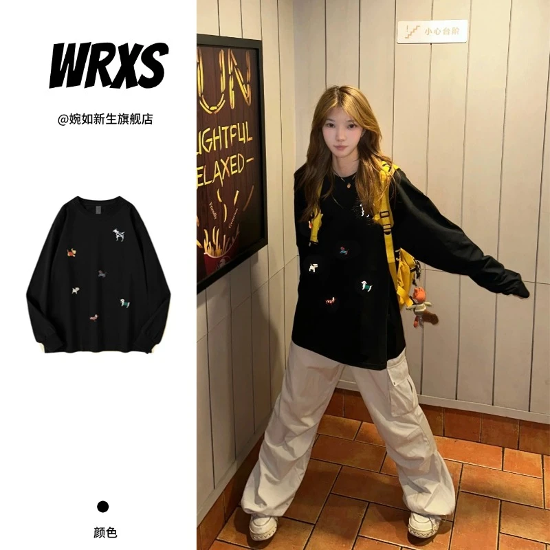 【婉如新生】美式复古纯棉长袖T恤女早秋新款宽松oversize打底衫衣