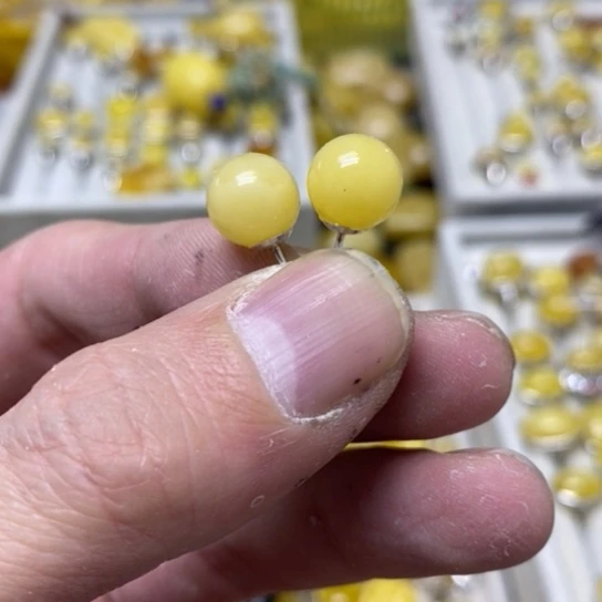 蜜蜡裸石银S925镶嵌耳钉