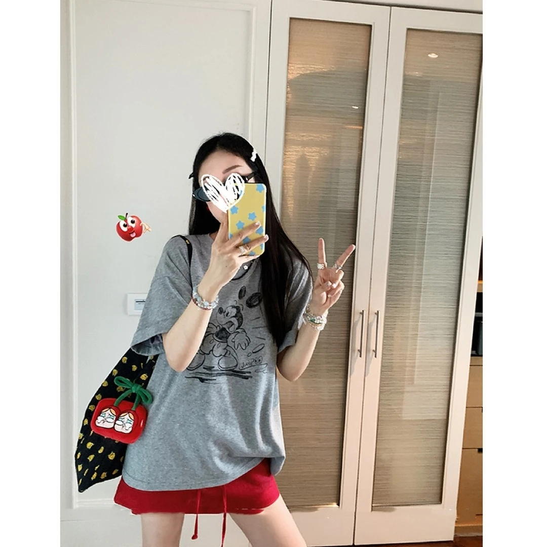 2025夏季新款美式宽松短袖上衣米奇商店卡通印花短袖T恤女