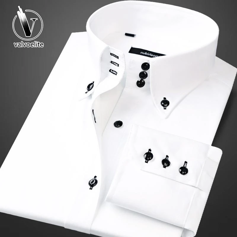VALVOELITE新款男长袖衬衫高档钻扣休闲免烫时尚修身韩版商务衬衣