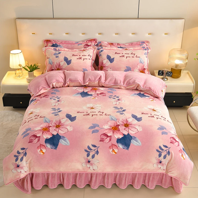 童蝶秋冬加厚防寒印花牛奶绒四件套高克重保暖柔软韩版床裙双面绒