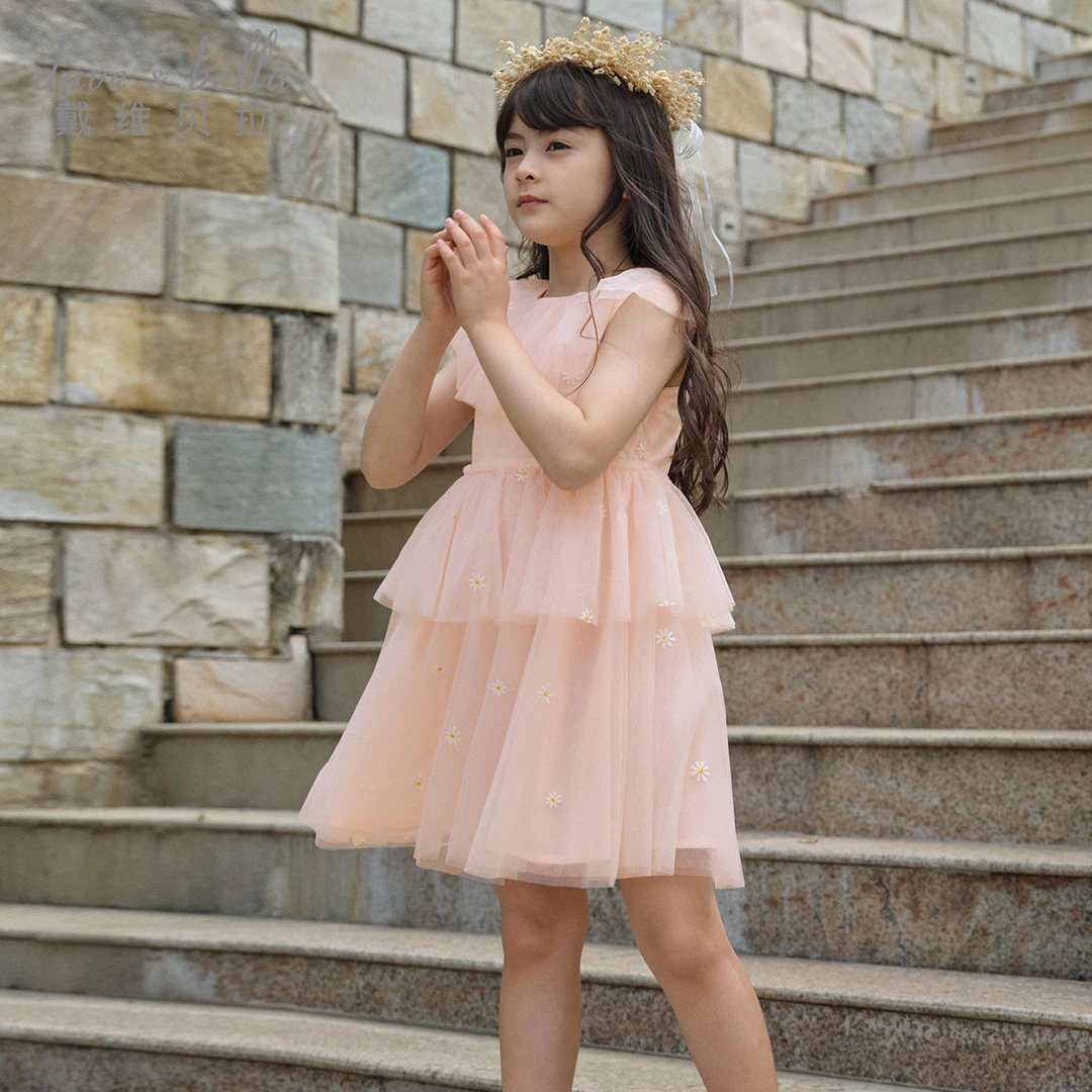 戴维贝拉中大童连衣裙2025夏装新款女童裙子甜美粉色网纱公主裙