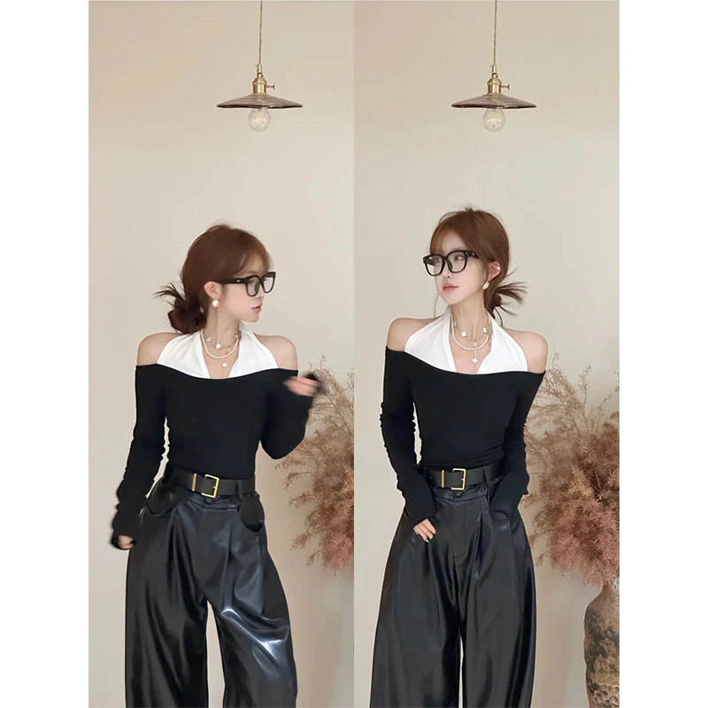 韩版秋季时尚设计感通勤风修身显瘦百搭上衣休闲简约阔腿长裤套装