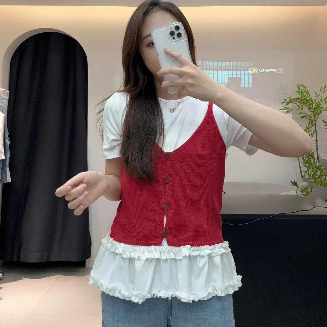 韩系V领针织吊带背心打底衫套装两件套开春穿搭一整套