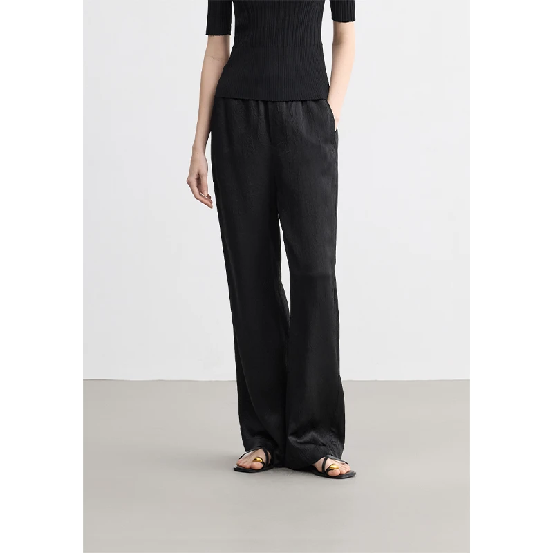 EIN/言轻礼服流光醋酸直筒阔腿松紧腰复古休闲长裤子2025春夏新款