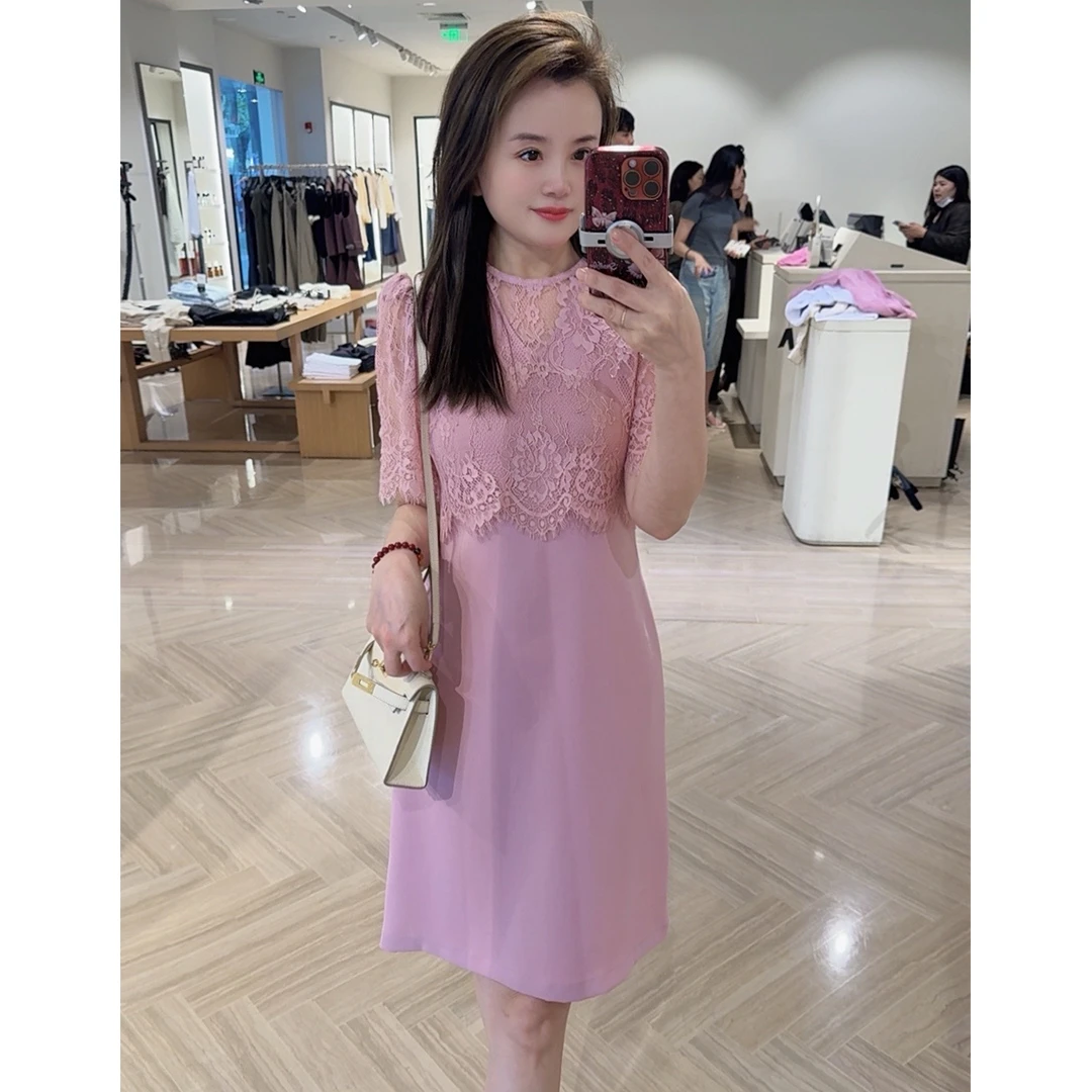 Crue Jiien 初婕夏季新款醋酸女装V领外边蕾丝收腰A摆连衣裙98688