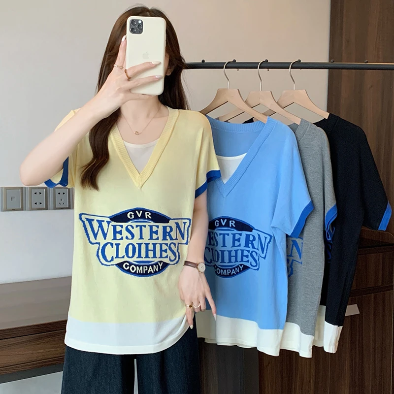 大码女装2025夏装新款宽松提花针织上衣胖mm百搭冰丝短袖T恤4012