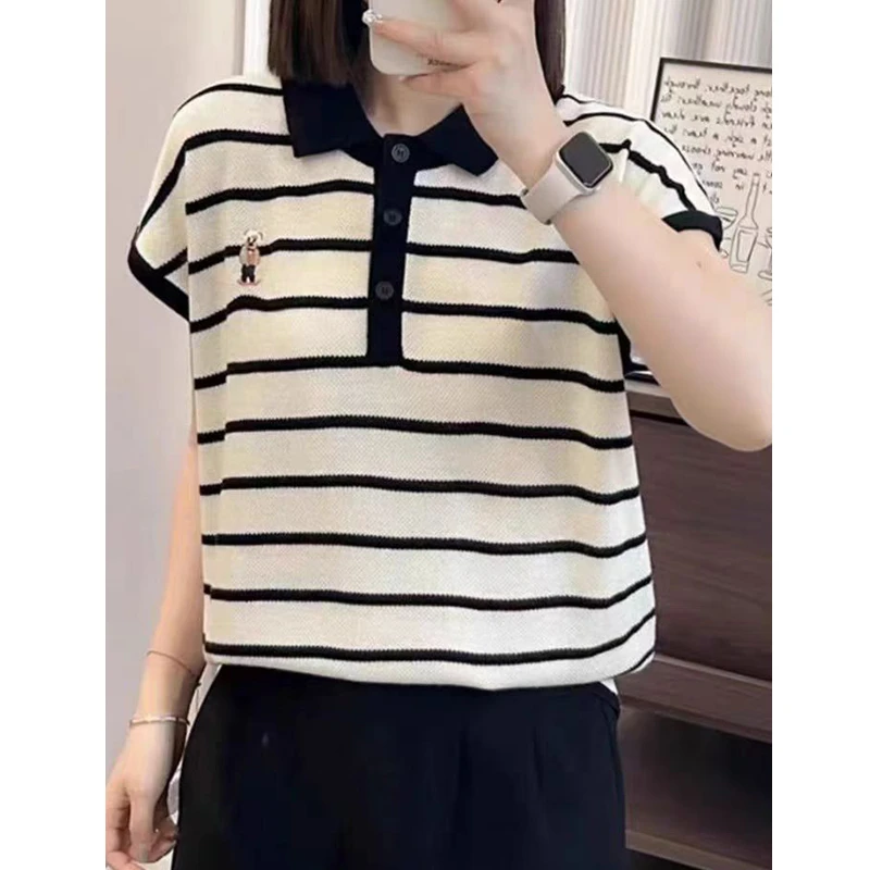 /条纹小熊/ tt百搭休闲时尚宽松针织女装上衣纯色圆领红短袖女士