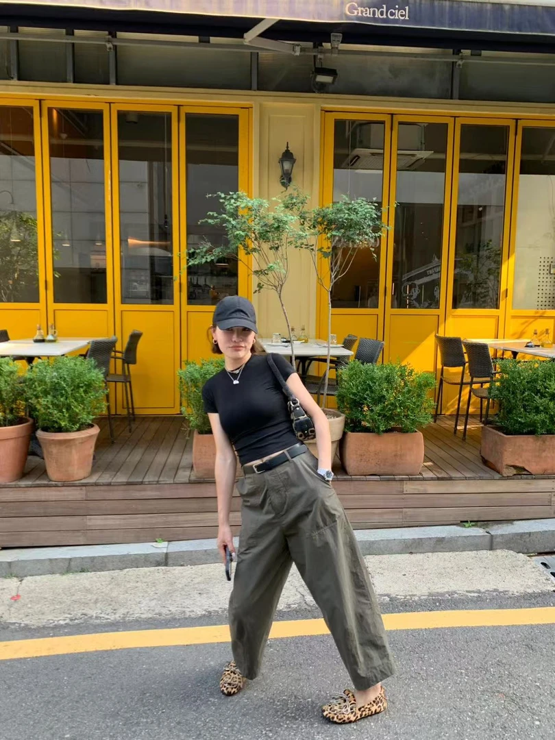 2025夏季新款韩系简约黑色正肩显瘦短袖t恤高腰九分阔腿哈伦裤