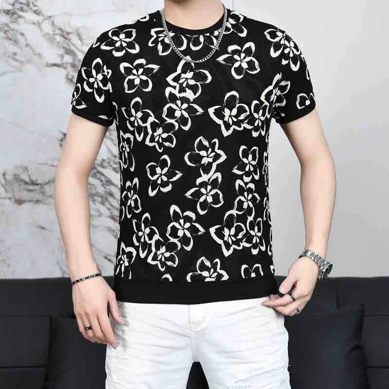 2025男士夏季新款时尚潮流休闲帅气修身百搭冰丝镂空圆领短袖T恤