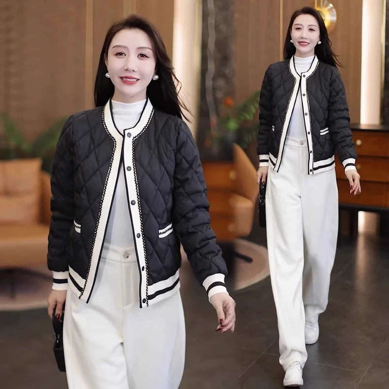 时尚小香风棉服女2025冬季新款洋气显瘦小个子圆领加厚保暖外套潮